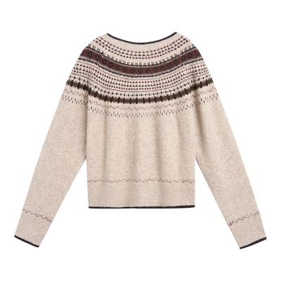 紫涵费尔岛提花针织开衫女2025冬季新款复古软糯保暖圆领毛衣外套