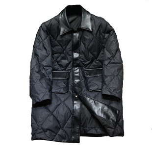 欧洲站潮牌长款翻领羽绒服2025冬季新款皮料拼接高端男士大衣外套