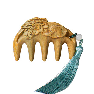 绿檀木宽齿按摩梳古风雕花木梳头皮经络按摩木梳家用大齿梳子礼物