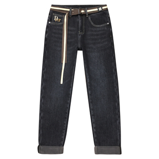 保暖加绒牛仔裤男冬季厚款复古潮流印花弹力修身直筒厚绒黑色长裤