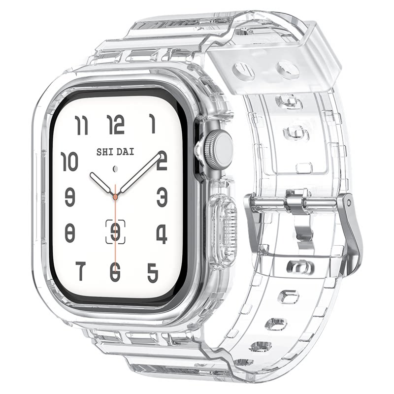 适用苹果手表s11表带s10一体冰川透明s9透气applewatch9/8/7夏天保护壳套iWatch6/5/se可爱女ultra腕带高级感