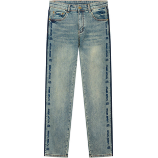 BM美式复古蓝直筒牛仔裤2025新款男条纹字母刺绣裤子男款潮流百搭