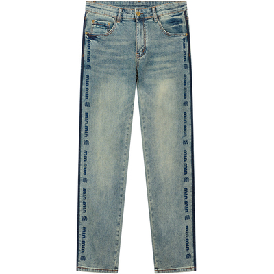 BM美式复古蓝直筒牛仔裤2025新款男条纹字母刺绣裤子男款潮流百搭