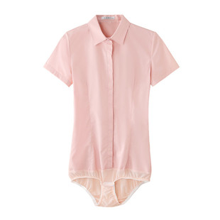 果粉色高端长袖连体衬衫女职业工作装连裤衬衣修身显瘦弹力大码