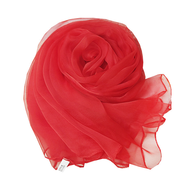 红色真丝丝巾女士春秋季百搭桑蚕丝围巾大红薄长款多功能纯色纱巾