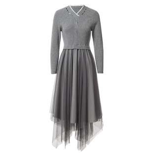 Famecoco折扣店优雅V领针织拼接网纱长裙修身A字连衣裙FAB8FA033