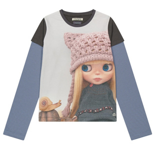 eihey诶嘿26早春新款卡通娃娃印花长袖假两件拼接条纹正肩T恤上衣