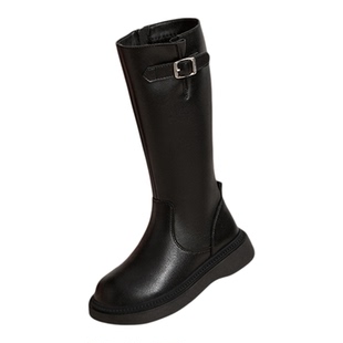 红蜻蜓女童靴子儿童长筒靴2025新款女孩冬季宝宝加绒黑色二棉高筒