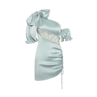 薄荷曼波风露背薄荷绿单肩连衣裙