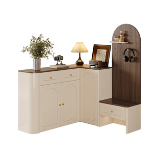 法式复古风入户转角鞋柜奶油风门厅L型矮柜一体换鞋凳洞洞板隔断