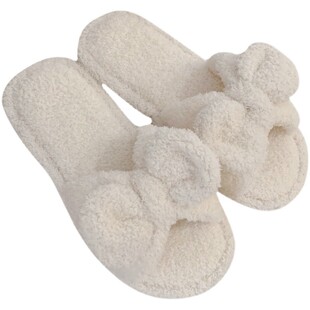 日本可爱毛绒绒拖鞋女白色蝴蝶结学生公主风室内防滑棉拖鞋秋冬