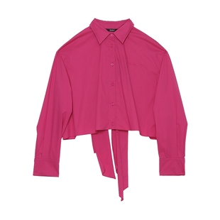 RuirUirul蝴蝶结短款衬衫秋新品宽松时尚设计感桃红色上衣女