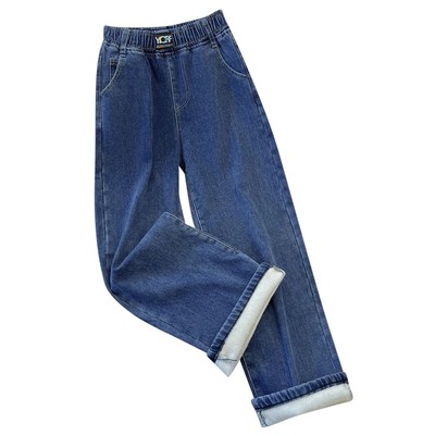 松紧高腰加绒加厚阔腿牛仔裤女