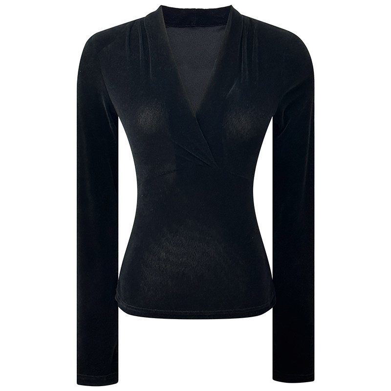 黑色丝绒显瘦修身上衣女秋季新款气质女人味交叉V领长袖T恤打底衫