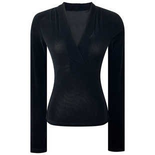 黑色丝绒显瘦修身上衣女秋冬新款气质女人味交叉V领长袖T恤打底衫