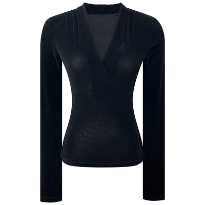 黑色丝绒显瘦修身上衣女秋冬新款气质女人味交叉V领长袖T恤打底衫