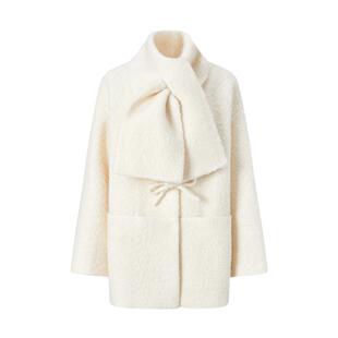 商场同款 摩萨克冬款绵羊毛蝴蝶结附赠围巾毛呢大衣外套女