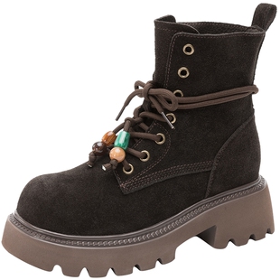 奥康 女鞋冬季新款马丁靴真皮文艺风珠串系带时装靴户外酷飒短靴