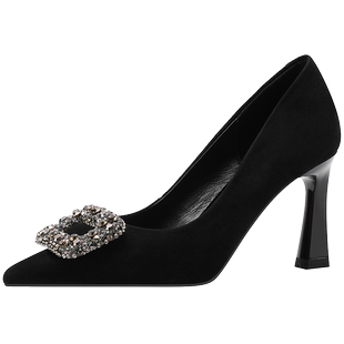 时尚水钻方扣气质尖头高跟鞋女细跟2025新款黑色磨砂羊皮浅口单鞋