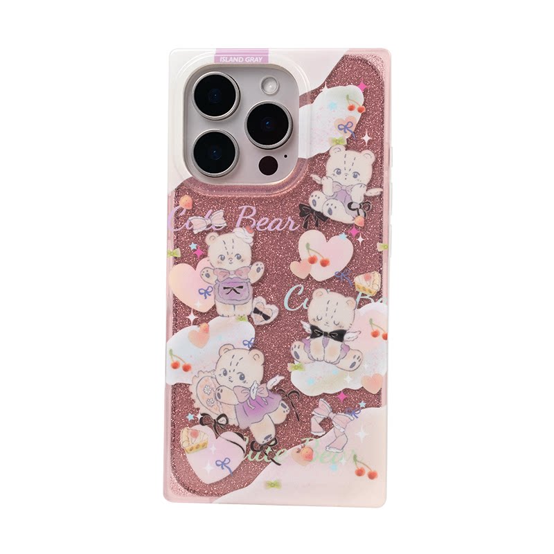 灰岛 小熊粉色天空方形手机壳 双层印花 适用于苹果iPhone17 16 15 14 Pro Max 原创设计 闪粉可爱涂鸦手绘