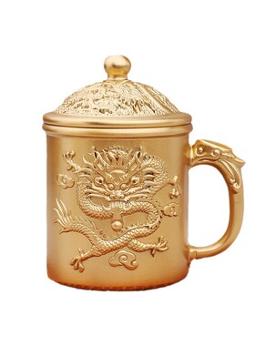 全铜茶缸子老式带盖龙凤呈祥摆件