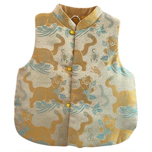 2025蛇年拜年服女童国风新中式唐装汉服儿童黄色马甲坎肩背心旗袍