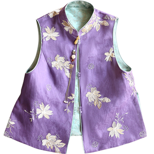 云澍原创真丝欧根纱刺绣丝麻新中式立领两面穿桑蚕丝马甲上衣女春