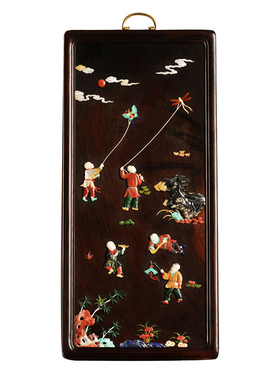 贡匠红酸枝群婴戏春图挂屏