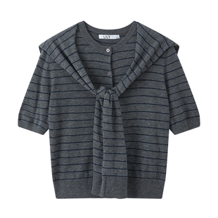 100%美丽诺羊毛LILY2025新款格雷系条纹围巾休闲短袖针织开衫女