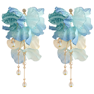 适合夏天的耳环女2025新款海边度假风蓝粉色绝美花朵长款流苏耳饰