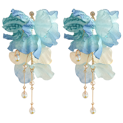 蓝色花朵长款流苏耳环花瓣耳饰