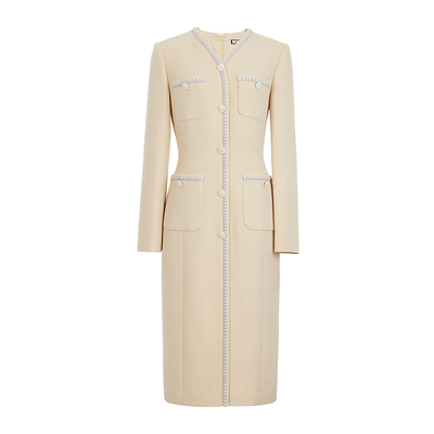 MOJO莫佐2025新款复古格调修身连衣裙女秋冬立体剪裁正肩V领长袖