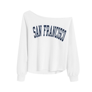 gagaopt美式字母印花性感露肩长袖T恤女宽松显瘦薄款休闲chic上衣