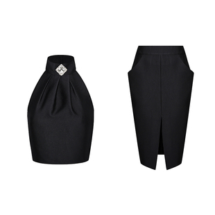 Maison Wester秋季时尚显瘦挂脖背心包臀压褶半裙套装可露丽穿搭