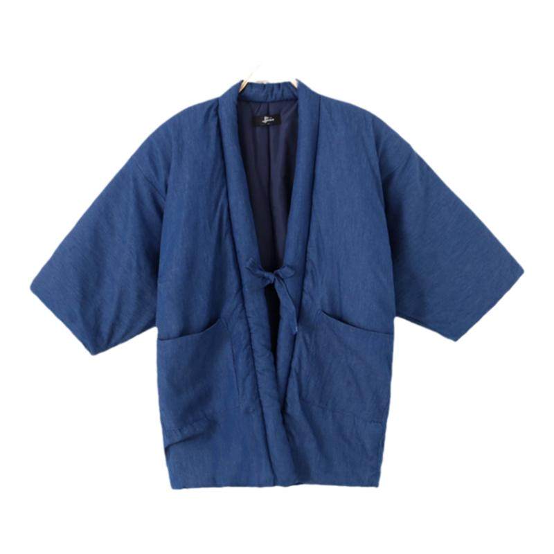 日式加厚夹棉半缠牛仔纯棉宽松系绳开襟和风睡衣上装居家棉袄情侣