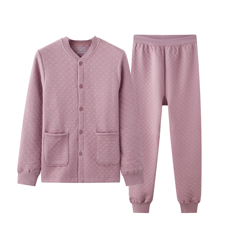 秋冬季加厚纯棉保暖内衣女中老年开衫秋衣秋裤妈妈家居服三层夹棉