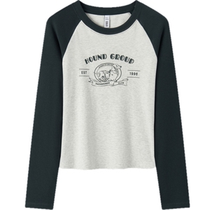 森马长袖T恤女拼色插肩袖小狗套头衫盐系潮冬季修身抓毛衣服显瘦