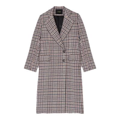 Maje混色格纹长款毛呢外套