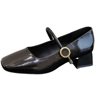 粗跟方头玛丽珍女2025秋季新款法式复古一字带小皮鞋中跟浅口单鞋