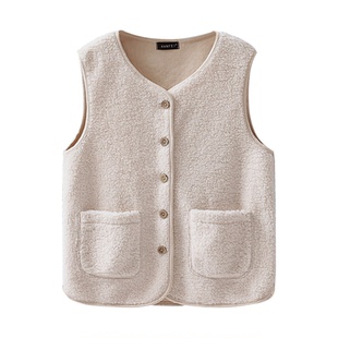大码春秋冬季羊羔毛绒马甲女款米白小个子宽松坎肩背心冬外套胖mm