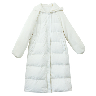 现货【白色温暖】白色中长款羽绒服女冬2025针织连帽休闲加厚外套