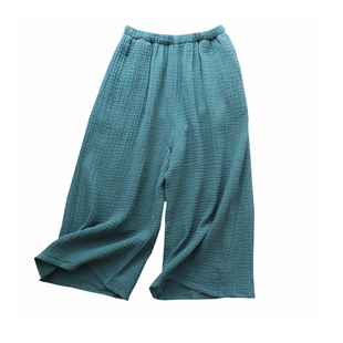 纯棉绉布水洗棉双层纱布睡裤女夏七分阔腿大码加肥家居中裤休闲色