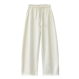 冬季加绒羊绒裤子女灰色高级感花边松紧腰宽松显瘦垂顺直筒阔腿裤