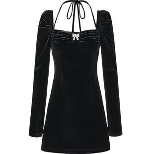 商场同款糖力 春秋季长袖方领挂脖天鹅绒丝绒连衣裙女显瘦修身