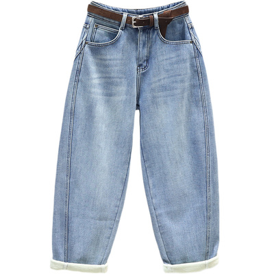 2025冬季加绒加厚牛仔裤女浅蓝色宽松显瘦哈伦裤潮时尚百搭老爹裤