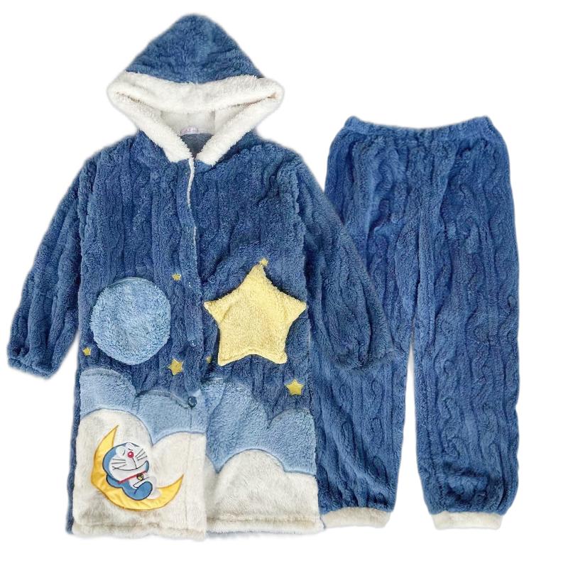 睡衣女冬季珊瑚絨加厚加絨長款少女卡通秋冬法蘭絨睡袍家居服套裝
