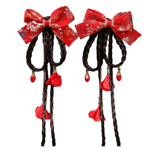 儿童2026新年氛围感头饰红色蝴蝶结假发辫发夹中国风儿童过年发饰