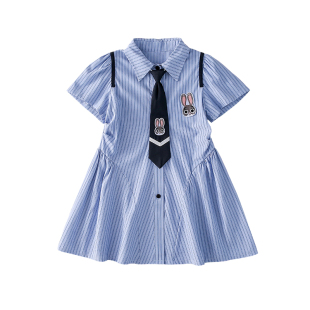 拉夏贝尔女童连衣裙洋气夏季新款条纹学院风小女孩子兔子警官裙子