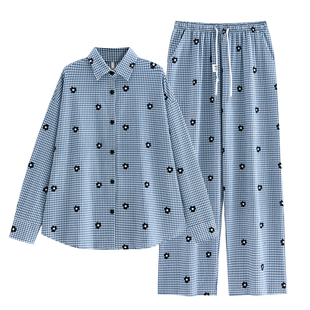 悦内睡衣女春秋季纯棉长袖长裤家居服时尚休闲格纹大码开衫可外穿