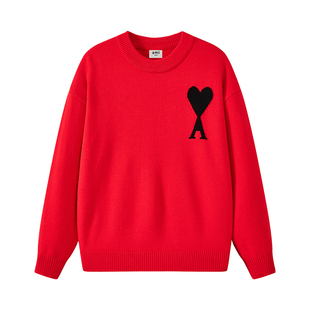 Ami iepo官方红色圆领毛衣男女情侣款秋冬季慵懒风宽松简约针织衫